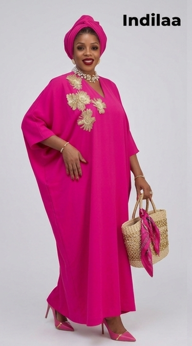 IND-056 Boubou Royal "Kaba d’Or" Rose Fuchsia & Broderies