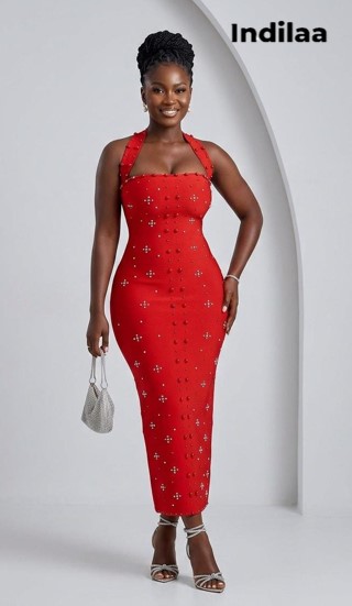 IND-019-ISM Robe Diamant Rouge Perles & Coupe Sirène