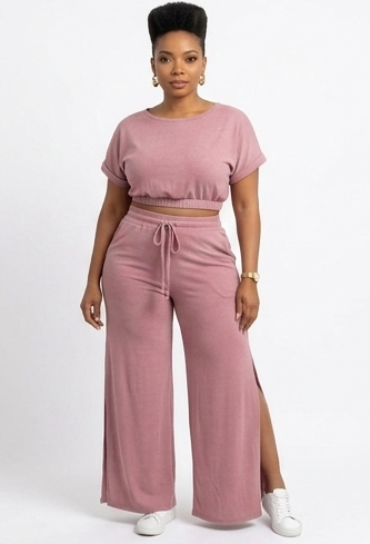 IND-066-ISM Ensemble Rose Poudré Top Élastique & Pantalon Fendu