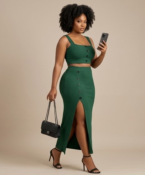 IND-084-ISM Ensemble Crop Top à Bretelles & Jupe Midi Boutonnée
