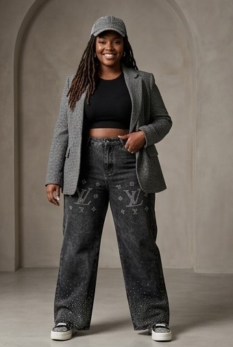 IND-010-ICF Jean Denim Large à Cristaux & Logomanie