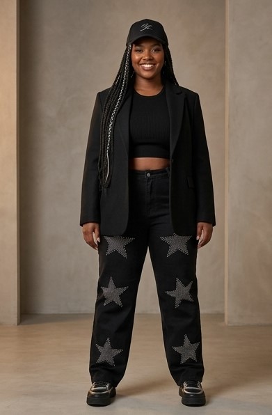 IND-011-ICF Jean Pantalon Noir à Étoiles Scintillantes