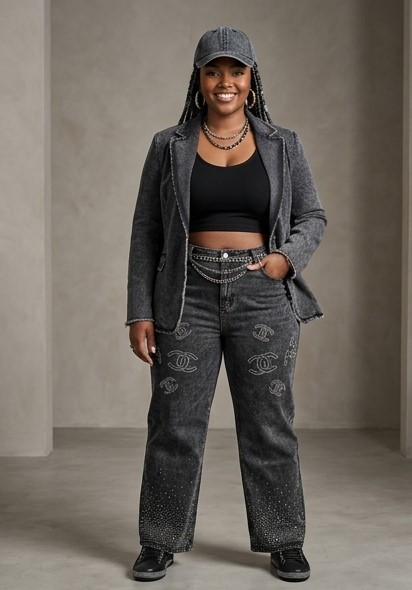 IND-013-ICF Jean Denim Gris Anthracite & Détails Bijoux