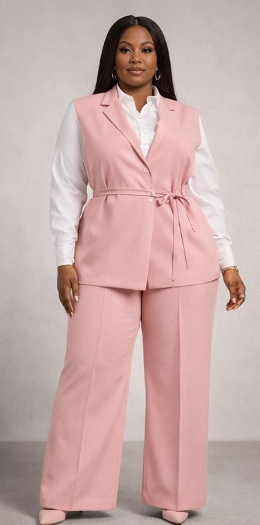 Ensemble Rose Business Gilet Veston & Pantalon Large Fluide