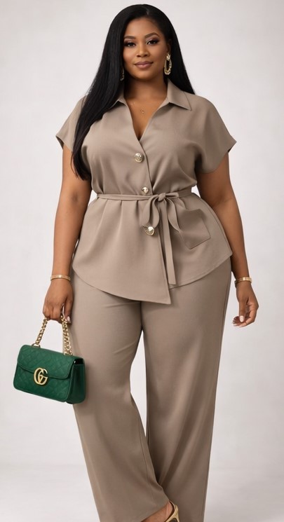 Ensemble Sable Doré Tunique Cache-Cœur & Pantalon Fluide