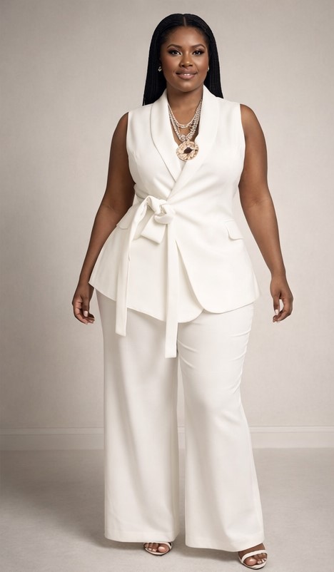 Ensemble Diamant Blanc Gilet Châle à Nœud & Pantalon Large Fluide