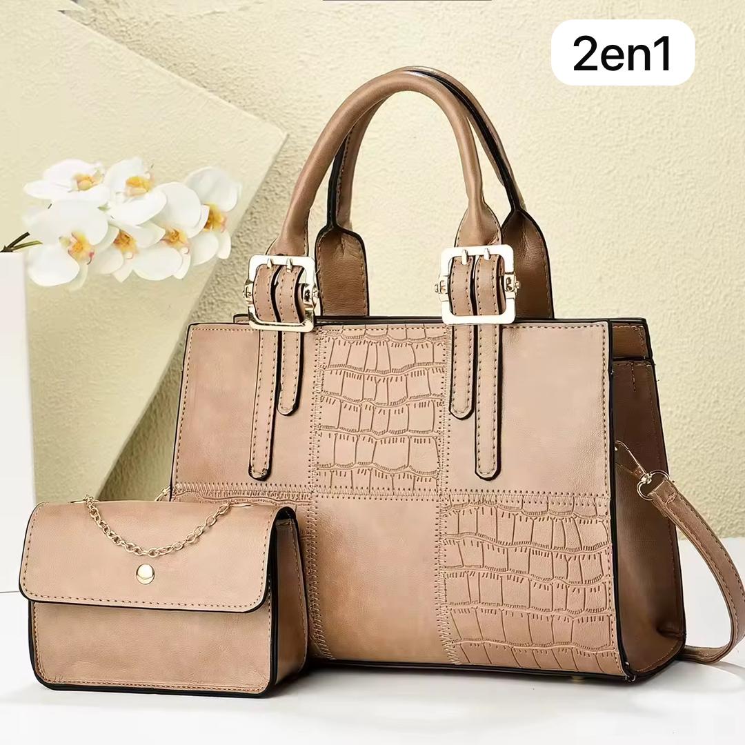 Sac Chic 2 en 1 Effet Croco Nude & Sa Pochette Chaînette