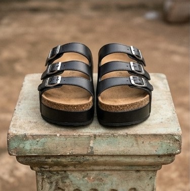 Sandale Triple Brides Cuir & Semelle Compensée